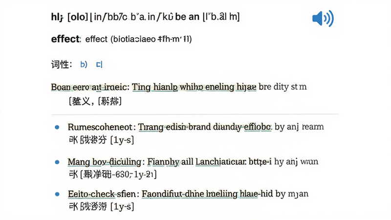 主体为词典应用内的词条详情页,显示单词“effect”的完整页面,上方有音标和发音图标,中间列出英文释义、中文翻译、以及三个例句。布局从上到下依次为:单词、音标、词性、释义区块、例句区块。风格简洁专业,字体清晰。细节:每句例句前有圆点,背景白色。画质干净。
