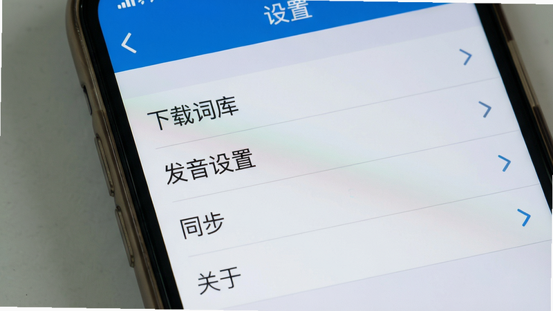 主体为手机屏幕显示词典设置界面,顶部有“设置”标题,下方列表包括“下载词库”“发音设置”“同步”“关于”等选项。布局列表样式,每个选项右侧有箭头。风格简洁,蓝白配色。细节:背景浅灰色,列表项之间有分割线。画质干净。