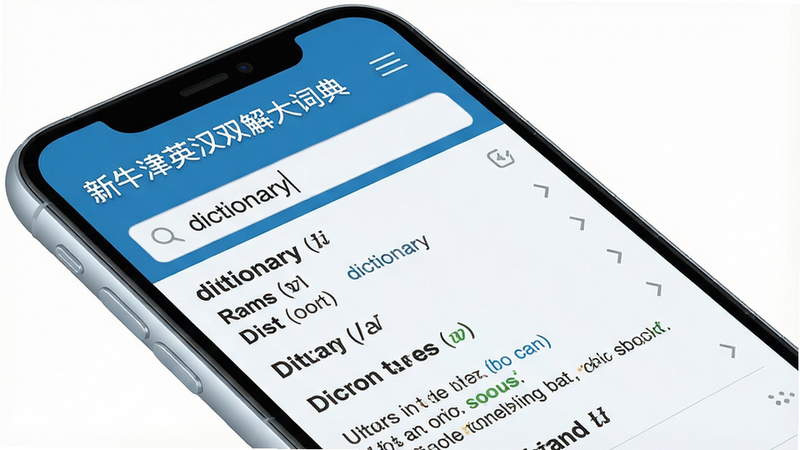 主体是一个智能手机屏幕展示词典主界面,左上角有“新牛津英汉双解大词典”文字标题,搜索框内显示输入单词“dictionary”,下方列出词条释义、音标、例句。布局清晰,蓝色和白色为主色调,扁平化设计风格。细节:手机边框圆润,屏幕高亮。画质高清,干净无多余元素。