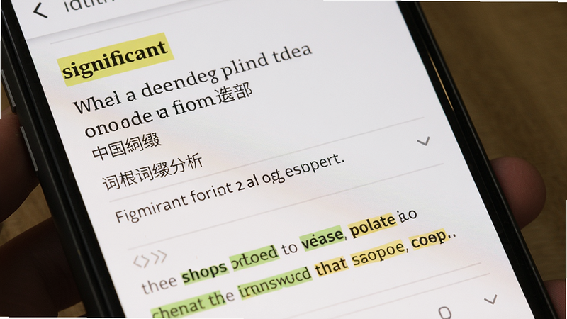 主体为手机屏幕显示词典内一个单词的详细释义页面,单词“significant”被高亮,下方列出英文释义、中文释义、词根词缀分析以及两个例句。布局从上到下分区明确,每个区域用浅色横线分隔。风格干净,文字清晰。细节:例句中不同的用法被不同颜色标注。画质高清。