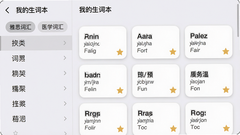 主体为词典应用内的“我的生词本”界面,显示分类标签(如“雅思词汇”、“医学词汇”),每个分类下有单词卡片列表,卡片包含单词、音标、星标。布局左右分栏,左侧为分类列表,右侧为卡片区。风格清新,浅灰色背景。细节:卡片有圆角和阴影。画质高清。