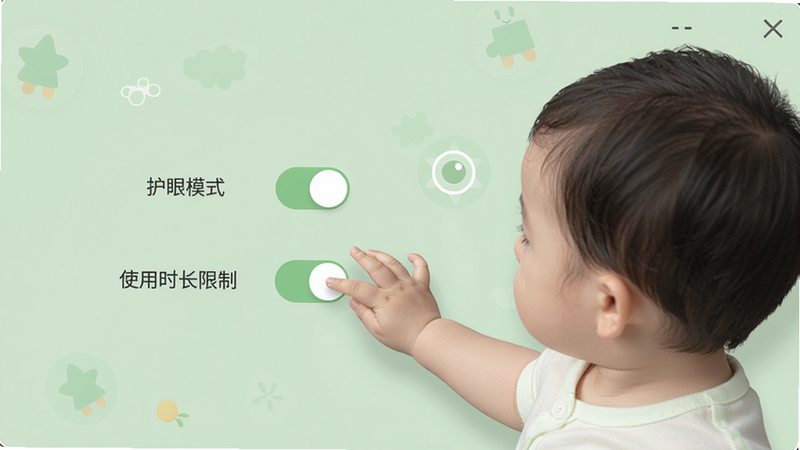 一张展示宝宝涂色安全设置界面的图片,画面中有“护眼模式”和“使用时长限制”开关,背景是温和的淡绿色,界面干净整洁,风格简约,画质高清,无多余元素。