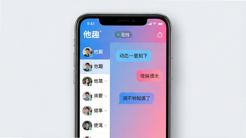 ���壺��ȤApp���棬չʾ���졢��̬�����ֵ���Ҫ����ģ�顣���֣�������ʾ�ֻ���Ļ����Ļ�ڳ���һ����������ĶԻ����棬���涥���С���Ȥ��Logo�͡����ߡ�״̬���Ű棺���Ϊ�����б����ԣ��Ҳ�Ϊ��Ҫ�Ի����ڣ���������ʹ�����ĶԻ�ʾ������������ִ���ɫ������ɫ�ͷ�ɫ����Ϊ������ƽ��UI���ϸ�ڣ���Ļ��Ե�������Ӱ������Ϊǳ��ɫ��ͻ���ֻ����塣���ʣ�����ϸ�壬�ɾ��޶���Ԫ�أ��������ơ���Ȥ����������Ļ����״̬���·���