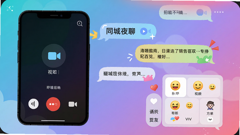 同城夜聊聊天界面,屏幕显示语音通话、视频通话、表情面板等按钮,背景为渐变色,气泡样式活泼,UI细节丰富,干净
