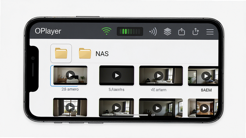 OPlayer���粥�Ź��ܽ��棬�ֻ����Ӿ���������ʾNAS�ļ����б�����Ƶ����ͼ���Ϸ�����������״̬ͼ�꣬����ֱ�ۣ������ɾ����߻���
