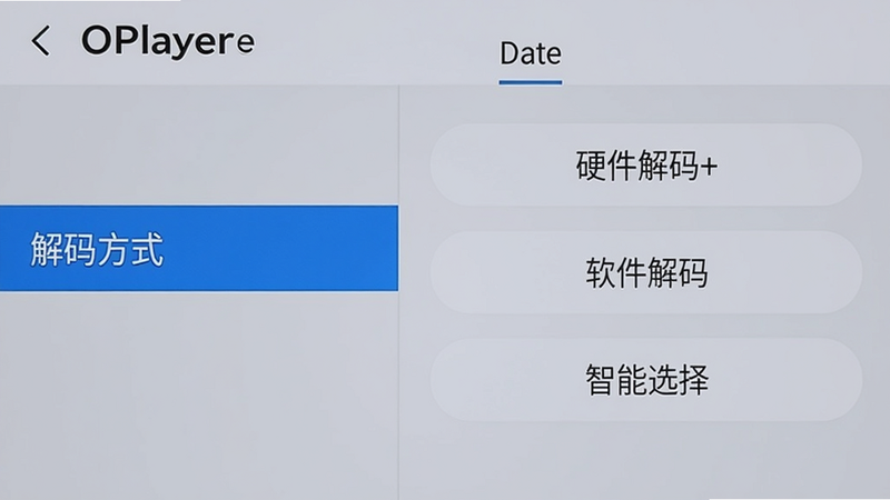 手机屏幕上显示OPlayer设置界面,左侧菜单高亮“解码方式”选项,右侧展示“硬件解码+”、“软件解码”、“智能选择”三个按钮,背景为浅灰色,整体布局清晰突出重点设置项,画质干净无多余元素