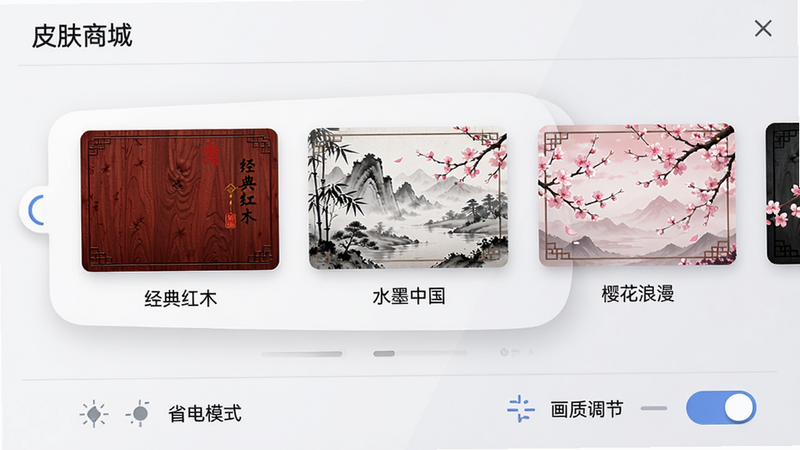 ��Ϸ���ý��棺չʾ��Ƥ���̳ǡ�ҳ�棬�С������ľ������ˮī�й�������ӣ����������Ԥ��Ƥ���������л�Ч���������ײ��С�ʡ��ģʽ���������ʵ��ڡ����أ��Ű����룬����ִ������ʸ����޶���Ԫ�ء�