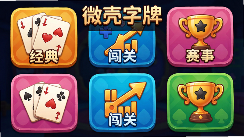 微壳字牌玩法选择界面,主体展示多种模式图标,如“经典”、“闯关”、“赛事”,布局为网格排列,风格色彩鲜艳,细节包括图标上的小图案,画质高清,包含“微壳字牌”字样,干净无多余元素。