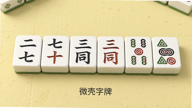 微壳字牌游戏内牌型展示,主体是一手胡牌组合,牌面清晰可见“二七十”、“三同”等,布局为横向排列,背景为淡黄色桌面,风格写实,细节包括牌边花纹,画质高清,文字标注“微壳字牌”,干净无多余元素。