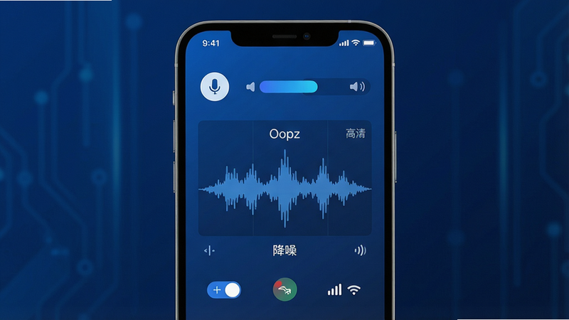 一张展示Oopz高清语音通话界面的图片,主体是手机屏幕显示通话中波形图,布局上方有麦克风图标和音量条,排版居中,风格科技感蓝色调,细节包括降噪开关和网络状态,画质细腻,干净无多余元素。文字有“Oopz”和“高清语音”字样。