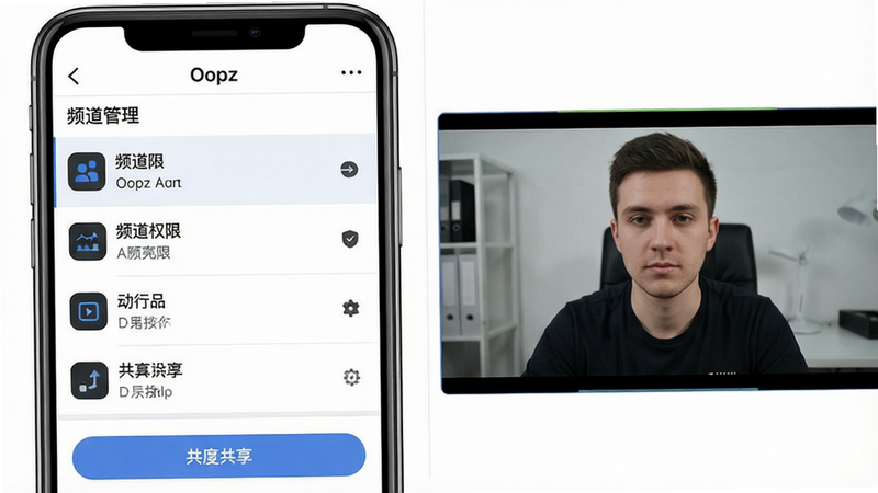一张展示Oopz屏幕共享与频道管理的界面截图,主体是手机屏幕左侧显示频道列表,右侧显示共享画面,排版分栏,风格简洁商务,细节包括频道权限设置图标和共享按钮,画质高清,干净无多余元素。文字有“Oopz”和“频道管理”字样。