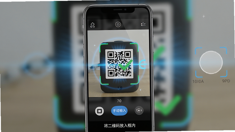 主体:海康互联APP添加设备流程演示,手机屏幕上显示扫描二维码界面;布局:手机竖屏,屏幕中间为相机取景框对准摄像头上的二维码,下方有“手动输入”按钮;排版:取景框占屏幕70%,底部提示文字“将二维码放入框内”;风格:拟物化扫描动画,蓝色光效;细节:二维码边缘有绿色对勾表示识别成功,背景虚化;画质:高清晰度,干净无多余元素