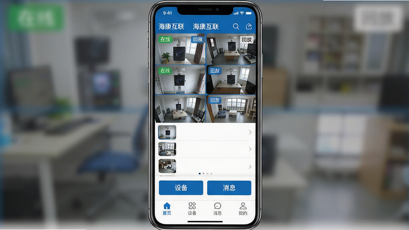 主体:海康互联手机APP界面展示,中央为实时监控画面预览,下方有功能按钮布局;布局:手机竖屏全屏展示,顶部状态栏显示“海康互联”字样,画面中多个摄像头预览网格排列,底部菜单栏包括“首页、设备、消息、我的”;排版:清晰的信息层级,预览窗口占比60%,操作按钮位于底部;风格:扁平化设计,蓝白主色调,科技感;细节:预览画面上叠加“在线”“回放”小标签,设备列表有缩略图;画质:超高清,干净无多余元素
