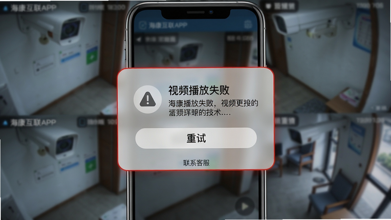 主体:海康互联APP报错界面示意图,屏幕中央显示“视频播放失败”弹窗;布局:手机竖屏,背景为模糊的监控画面,弹窗居中;排版:弹窗包含图标、标题、描述和“重试”按钮;风格:磨砂玻璃背景,红色警示边框;细节:弹窗底部有“联系客服”小字;画质:高分辨率,干净无多余元素