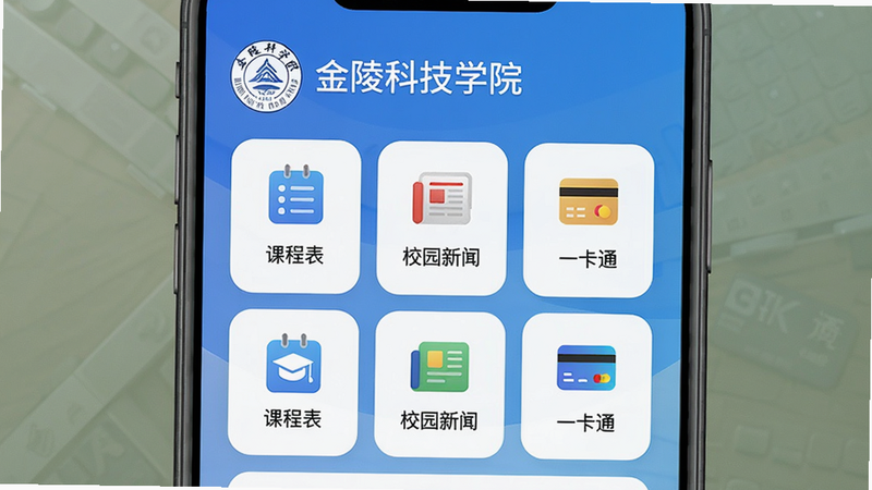 主体:金陵科技学院APP界面;布局:手机屏幕居中,界面展示“课程表”“校园新闻”“一卡通”等功能模块图标,排版整齐;风格:现代简约,蓝色渐变背景;细节:顶部显示“金陵科技学院”校名及校徽,下方功能卡片圆角设计;画质:4K高清,干净无多余元素