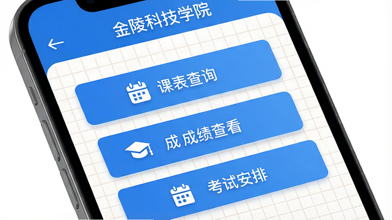 主体:手机屏幕显示“金陵科技学院”教务服务界面;布局:屏幕中央展示“课表查询”“成绩查看”“考试安排”按钮,顶部有返回箭头;风格:清爽蓝色调,卡片式布局;细节:按钮上有小图标,背景有浅色网格;画质:高清,无多余元素