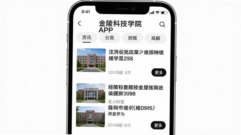 主体:金陵科技学院APP资讯页面;布局:列表式布局,显示新闻标题和发布时间,顶部分类标签;风格:简洁大方,白底黑字;细节:每条新闻有缩略图,右下角有“更多”按钮;画质:高清,无多余元素