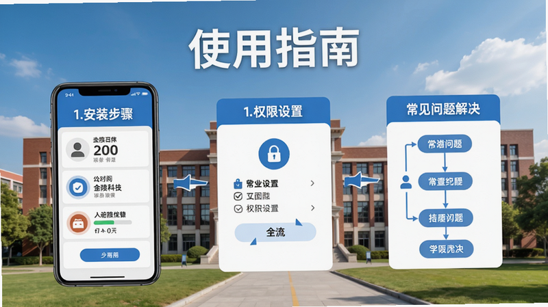 ����Ƽ�ѧԺAPPʹ��ָ��ʾ��ͼ��չʾ��װ���衢Ȩ�����á���������������ͼ������ΪУ԰��ѧ¥�������������ɾ��޶���Ԫ�أ����ֱ�ע