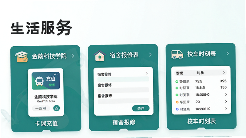 主体为金陵科技学院APP的生活服务页面,展示一卡通充值界面、宿舍报修表单、校车时刻表等典型功能模块。布局采用卡片式设计,各个服务图标和名称清晰排列。风格简约,色彩统一,背景干净,画质高清,文字标注“生活服务”标题。