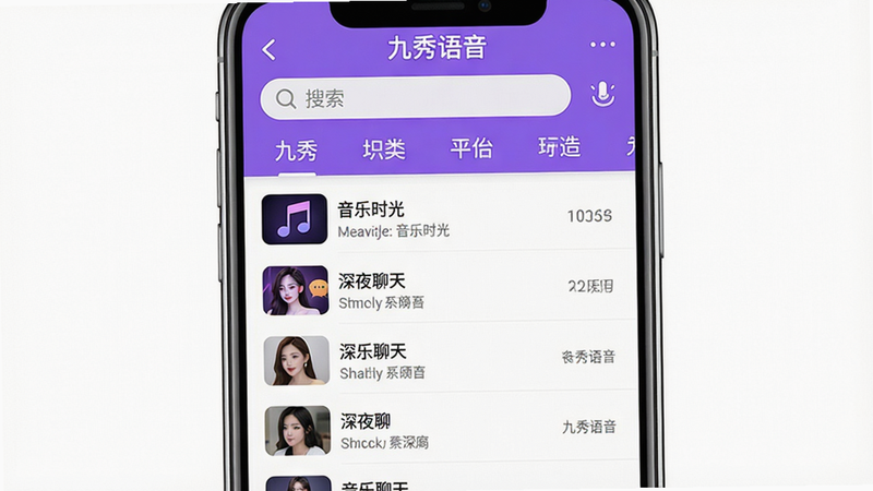 一张展示九秀语音主界面的手机截图,屏幕中央是语音房间列表,顶部有搜索栏和分类标签,整体风格年轻活泼,主色调为紫色和白色,界面布局简洁清晰,画质干净,无多余元素,屏幕上方显示“九秀语音”应用名称,列表中包含多个房间名称如“音乐时光”“深夜聊天”等