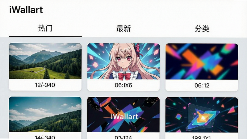 一张手机截图,展示iWallart的壁纸分类浏览界面,顶部标签栏有“热门”“最新”“分类”,中间网格排列多张不同风格的壁纸缩略图(自然、动漫、抽象),每张缩略图下方显示分辨率标签,界面采用卡片式设计,背景为浅灰色,整体干净整洁,画质清晰。文字部分需包含“iWallart”字样在标题栏。