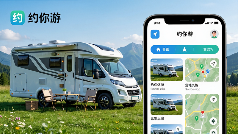 主体:约你游APP界面与房车旅行场景,手机屏幕展示“约你游”logo、房车列表、营地地图。布局:左侧一台现代房车停在绿草如茵的露营地上,右侧手机放大界面显示约你游首页。排版:房车与手机呈对角线分布,手机屏幕内容清晰可见。风格:明亮清新,阳光明媚的自然风格,色彩以青草绿、天空蓝和白色为主。细节:房车侧面的户外桌椅、远处山脉,手机界面上的导航按钮和用户头像。画质:8K超清,自然光,干净无多余元素。