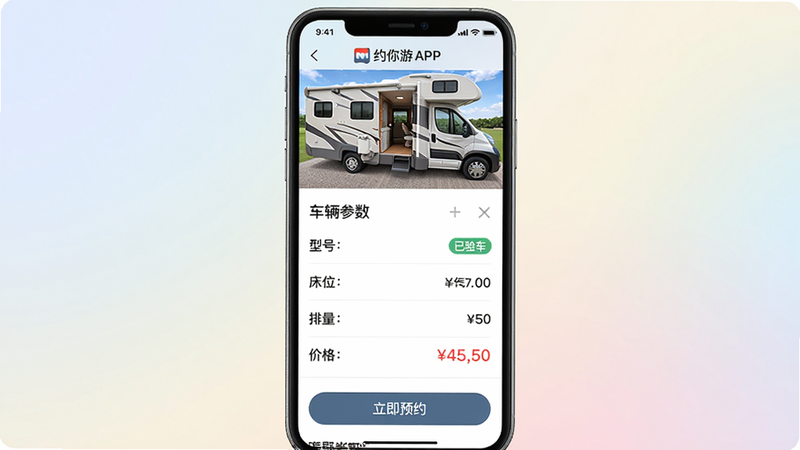 主体:约你游APP的房车租赁详情页面截图。布局:手机竖屏居中显示,上方是房车全景图,中间是车辆参数列表(型号、床位、排量、价格),下方是“立即预约”按钮。排版:信息分区清晰,价格用红色突出。风格:扁平化UI设计,柔和渐变背景。细节:车辆照片中可见车内布局,列表中的“已验车”标签。画质:高清,干净,无多余元素。