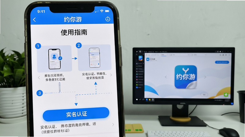 主体:手机屏幕上显示约你游APP的“使用指南”界面,分步骤图解;旁边放一部电脑显示安卓模拟器界面。布局:左侧手机占三分之二,右侧电脑小画面。排版:图文并茂,步骤用数字编号。风格:教程风格,简洁明快。细节:手机界面中“实名认证”按钮高亮,电脑模拟器上显示“约你游”安装包。画质:高清,干净,无多余元素。