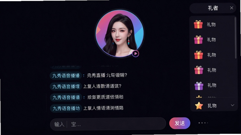 九秀语音直播页面,主播头像位于屏幕中央上方,下方有滚动弹幕区,右侧有礼物列表,底部有输入框和发送按钮,整体采用深色背景,色彩绚丽,画质高清,干净无多余元素