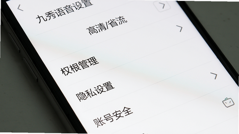 九秀语音设置界面,手机屏幕显示设置菜单,包含音质选择(高清/省流)、权限管理、隐私设置、账号安全等选项,白色背景,黑色文字,选项清晰排列,画质高清,无多余元素
