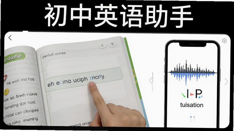 图片展示点读界面,一本打开的英语教材,手指点击句子,手机屏幕显示发音波形和翻译,背景纯白,画质清晰,文字