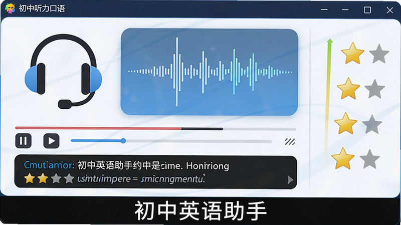 图片展示听力口语界面,耳机图标和波形动画,下方有播放控制条和字幕区域,右侧显示评分星级,整体风格动感,画质清晰,软件名称