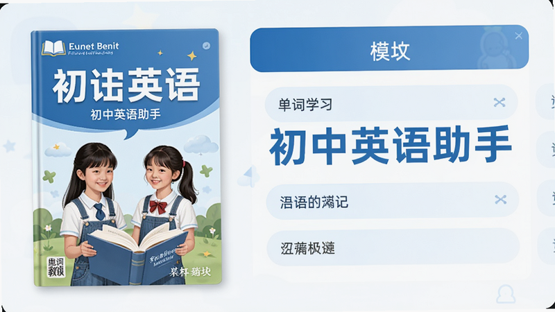 图片展示初中英语助手主界面,左侧为教材封面,右侧为单词学习模块,整体风格清新简约,采用蓝白配色,界面干净整洁,画质高清,无多余元素,突出