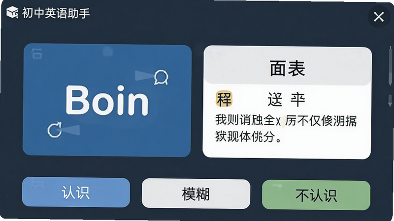 图片展示单词记忆界面,卡片式设计,正面英文单词,背面中文释义和例句,底部有
