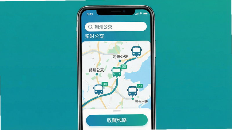 主体:朔州公交App主界面,手机屏幕显示实时公交地图和线路列表;布局:居中构图,手机纵向展示,顶部为路线搜索栏,中部为地图上移动的公交图标,底部为收藏线路按钮;排版:干净简洁,文字标注“朔州公交”和“实时公交”字样,字体清晰;风格:现代扁平化,蓝绿色主色调,白色背景;细节:公交图标带有数字线路号,地图上显示站点名称;画质:高清渲染,无冗余元素,干净明亮