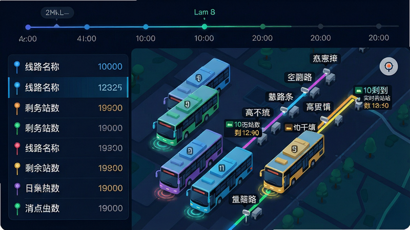 主体:手机地图上显示多辆行驶中的公交车,每辆车旁有数字线路号和实时到站倒计时;布局:上下分层,上方为时间轴,下方为地图俯视图;排版:左侧列表显示线路名称和剩余站数,右侧地图高亮路线;风格:科技感数据可视化,色彩明快;细节:公交车图标带光晕动画效果,站点名称用中文标注;画质:4K质感,无多余装饰