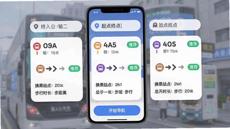 主体:手机屏幕展示换乘方案对比列表,三条路线并列显示,每条包含线路号、换乘站点、总时长和步行距离;布局:三列卡片式排列,顶部为起点终点输入框;排版:图标与文字结合,换乘点用箭头连接;风格:卡片化UI,柔边圆角;细节:每条方案右侧有绿色“推荐”标签,底部有“开始导航”按钮;画质:细腻,无毛边