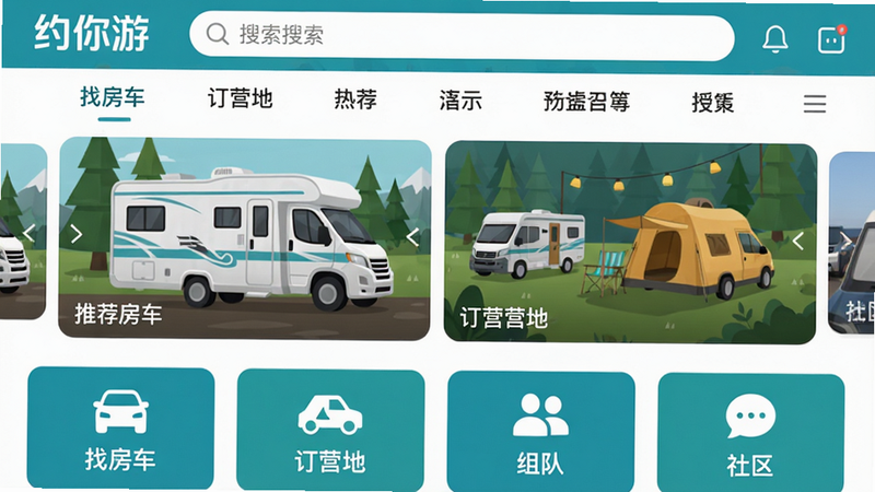 图片展示约你游APP的主界面截图,顶部是搜索框和导航栏,中部轮播推荐热门房车和营地,下方四个功能入口“找房车”“订营地”“组队”“社区”,采用扁平化清新风格,配色以蓝绿色为主,画质高清,干净无多余元素,图片中文字包含“约你游”品牌名和“找房车”“订营地”等字样。