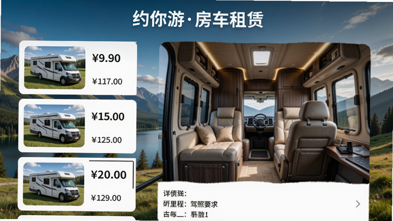 展示约你游房车租赁功能页面,左侧列表显示房车缩略图和价格,右侧为详情页展示车辆内饰、里程、驾照要求等,背景是自然风光,整体排版规整,风格简约商务,画质清晰,图片中文字“约你游房车租赁”位于顶部。