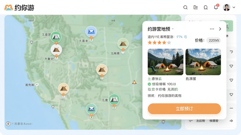 展示约你游营地预订界面,地图上标注多个营地图标,点击后弹出营地详情卡片,包含评分、价格、实景图,底部有“立即预订”按钮,风格清爽,色彩柔和,画质高清,图片中可看到“约你游”品牌标识。