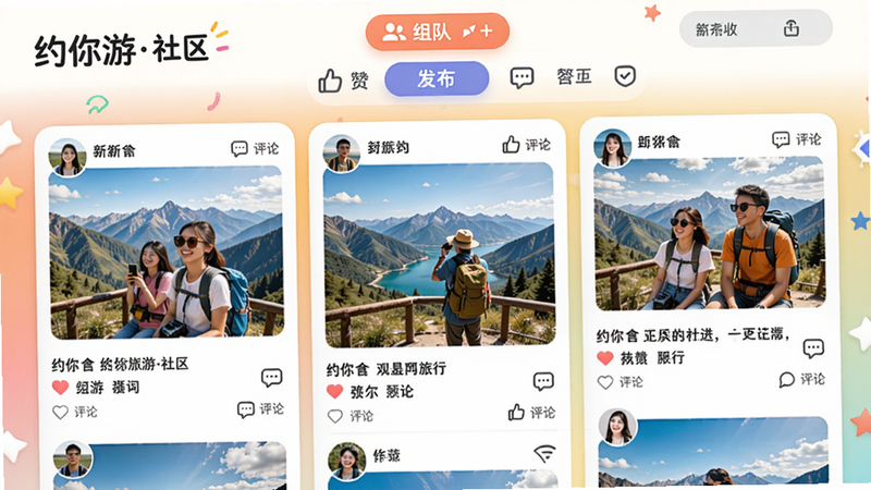 展示约你游社区动态页面,瀑布流展示用户发布的旅行照片和文字,包含点赞、评论图标,顶部有“组队”入口,风格活泼,色彩鲜艳,画质细腻,图片中文字有“约你游社区”和“发布”按钮。
