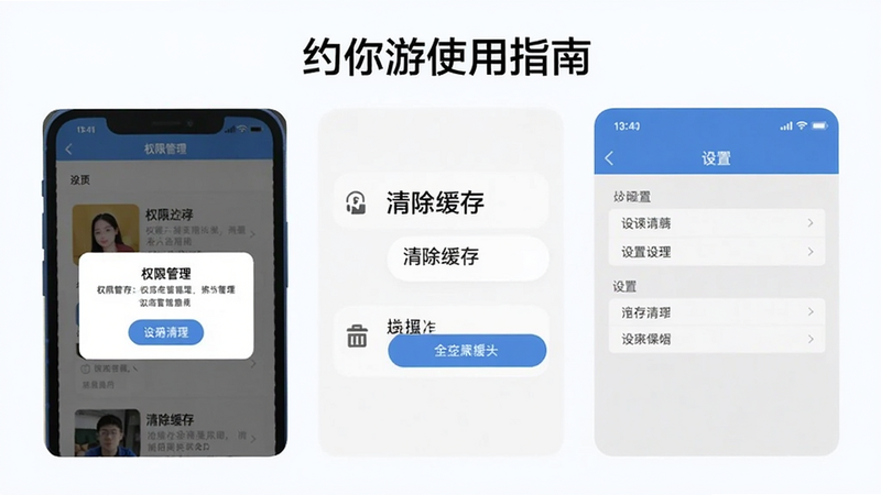 展示约你游使用指南的插图,包含手机界面提示权限弹窗、缓存清理选项和设置页面,采用卡片式排版,风格简洁,画质清晰,图片中文字有“权限管理”“清除缓存”等字样。