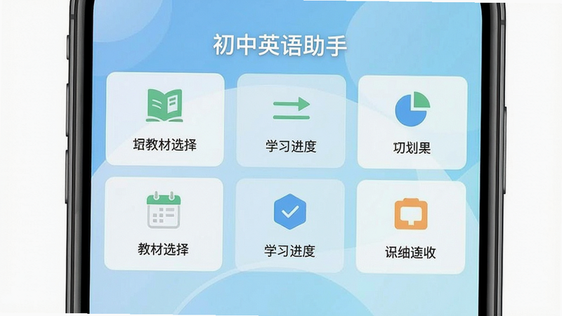 初中英语助手主界面,展示教材选择、学习进度、功能入口等模块,手机屏幕中央,浅蓝渐变背景,现代扁平化风格,图标清晰,文字标注