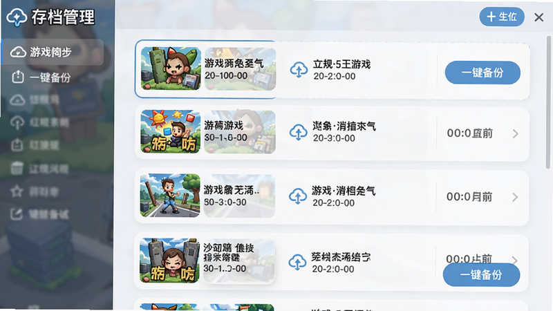 主体为存档管理界面,右侧显示多个缩略图存档槽,每个槽位标注游戏名称和时间,布局为列表形式,风格清新简洁,细节包括云同步图标和“一键备份”按钮,画质干净明亮。