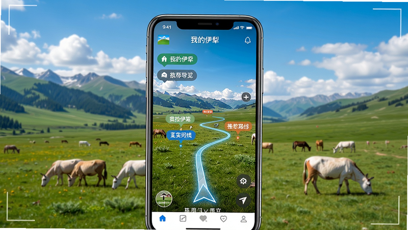 主体:“我的伊犁”APP旅游导览页,手机屏幕显示那拉提草原的AR实景导航界面,屏幕上有景点标签和推荐路线箭头。布局:手机模型居中,背景为草原实景。风格:写实与数字叠加,色彩鲜艳,画质高清,干净无多余元素