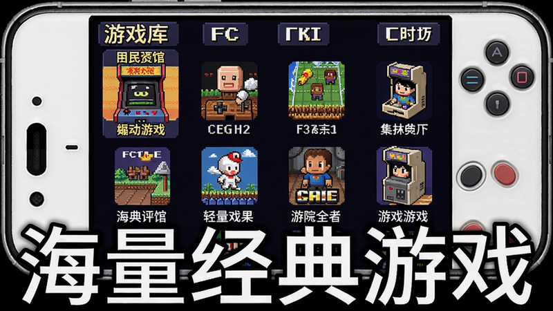 怀旧游戏馆游戏库界面截图,主体为手机屏幕,布局显示多列游戏图标,每个图标带有游戏名称,风格复古像素,细节有街机、FC等分类标签,画质清晰干净,图片中文字“海量经典游戏”。