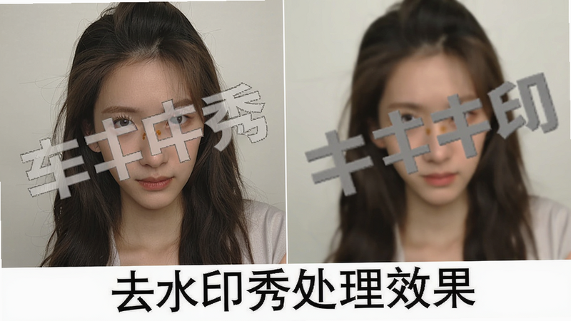 两张对比图并列,左侧原图带有水印,右侧去水印后的效果图,水印位置被完美填充,看不出痕迹,图片下方标注“去水印秀处理效果”,背景白色