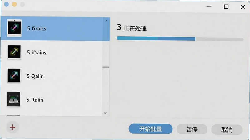 电脑或手机屏幕截图,显示去水印秀的批量处理界面,左侧列表有5个文件待处理,右侧进度条显示正在处理第三个文件,界面简洁,按钮有“开始批量”“暂停”“取消”,背景浅灰色,字体清晰