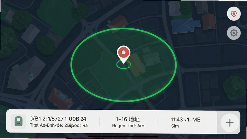 智天使定位功能截图,地图上显示孩子位置标记,周围有绿色电子围栏圆圈,底部信息卡片显示经纬度、地址和时间,风格简洁,高清画质,干净无多余元素