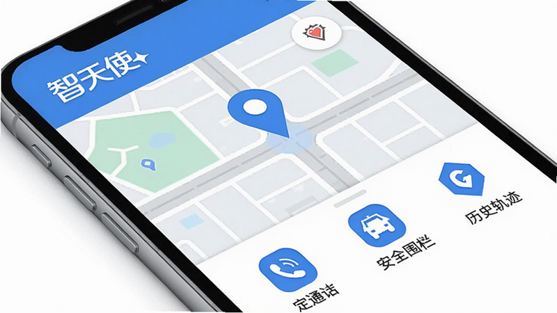 智天使APP主界面展示,左上角显示“智天使”LOGO,中央为地图定位界面,下方功能菜单包括定位、通话、安全围栏、历史轨迹等图标,采用扁平化设计,蓝白配色,界面清爽干净,高清画质,无多余元素